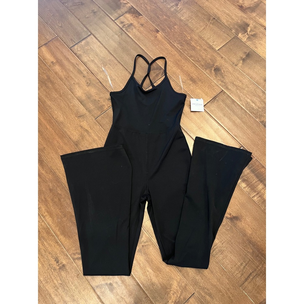 Arizona Jumpsuit Cross Back Sleeveless Athleisure Flare Leg‎ Black Size S